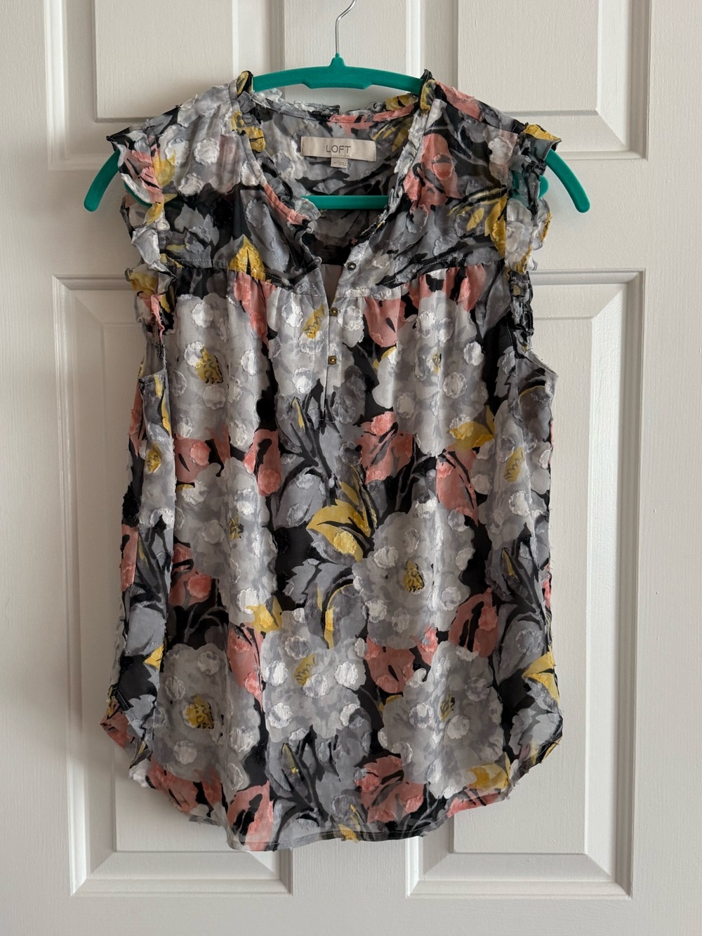 LOFT Gray Floral Ruffle Sleeve Blouse with Pink & Yellow Accents